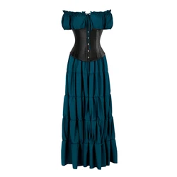 Women Medieval Renaissance Smocked Waist Elegant Short Sleeves Long Dress Match Gothic Sexy Satin Underbust Corset Plus Size