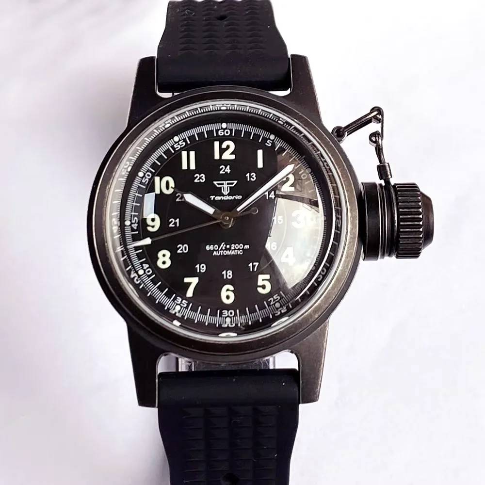 Tandorio New Black PVD Coated 36mm Military Diving Frogmen Watch Retro World War II Style Sapphire 200m Waterproof NH35A Watches