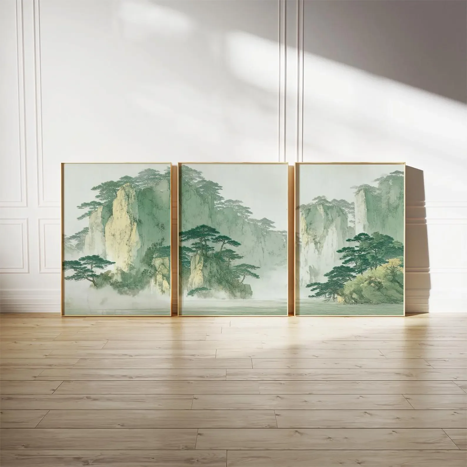 3PCS  Frameless,3PCS Green Landscape Posters Set Japanese Nature Art Prints Wall Decor Triptych Wall Art Canvas Painting for Roo