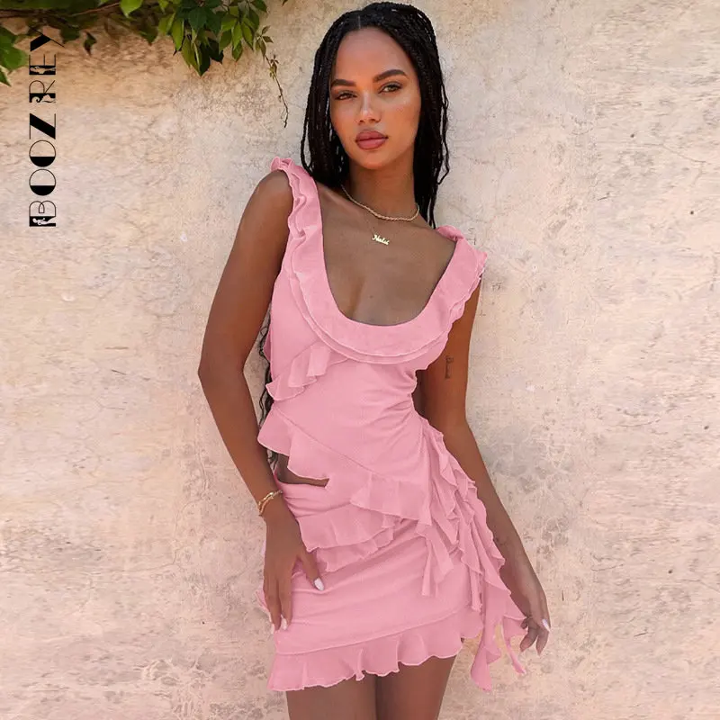 BoozRey Sexy Party Ruffles Two Piece Set U Neck Crop Top And Mini Skirts Slim Bodycon 2 Pieces Set Women 2023 Summer Outfits