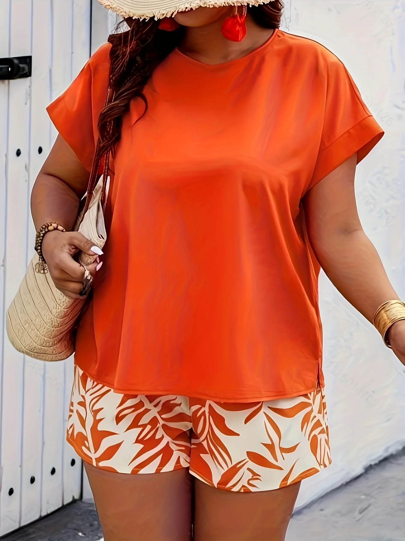 Plus Size Summer Elegant T Shirt Pants Set Casual Loose Crew Neck Solid Tops Print Short Trousers 2-częściowy — zdjęcie 5
