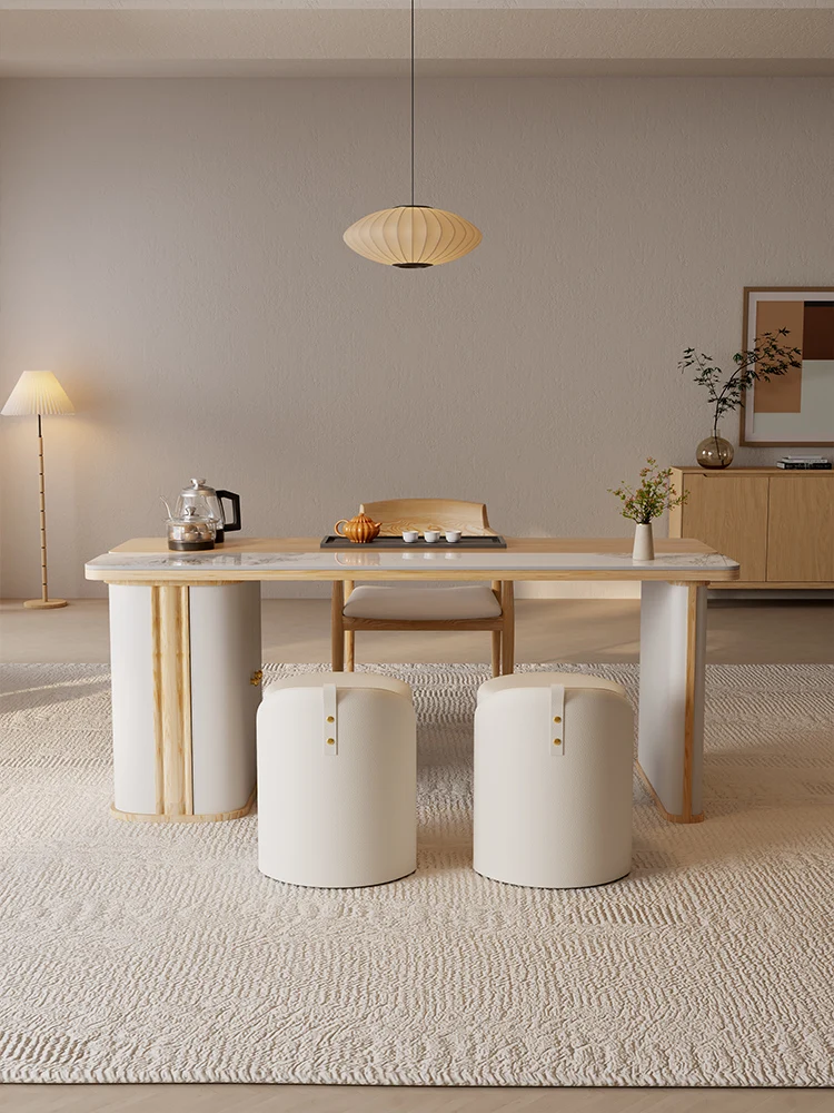 Mesa de té y silla de madera maciza moderna, combinación de crema, mesa de centro de viento, mesa de té integrada para el hogar, balcón, 2025