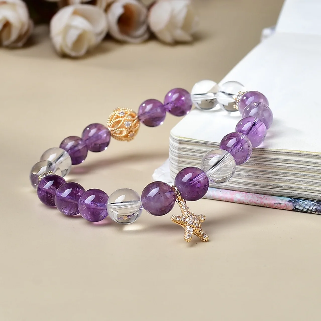 Natural Amethyst White Crystal Star Transfer Bead Bracelet Women's Fashion Lucky Bracelet, Gift