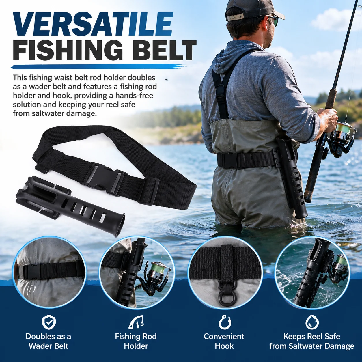 Portable Rod Holder Universal Fishing Rod Belt Mount Fishing Rod Holder Belt Adjustable Waist Wading Belts for Lure Rock Fishing