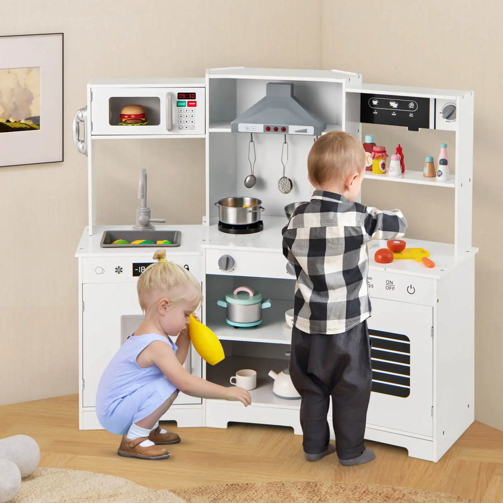 Fai finta di giocare a cucina per bambini Set di giocattoli in legno di età compresa tra 3 + con cappa da cucina