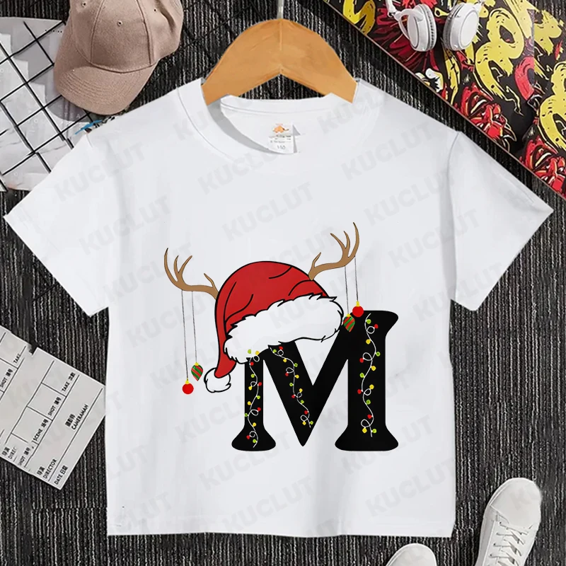 Christmas Holiday Party Children T-Shirt for Girls Boys Clothing 26 Alphabet Letters Printed Kids Outfits Casual Child Y2k Tops