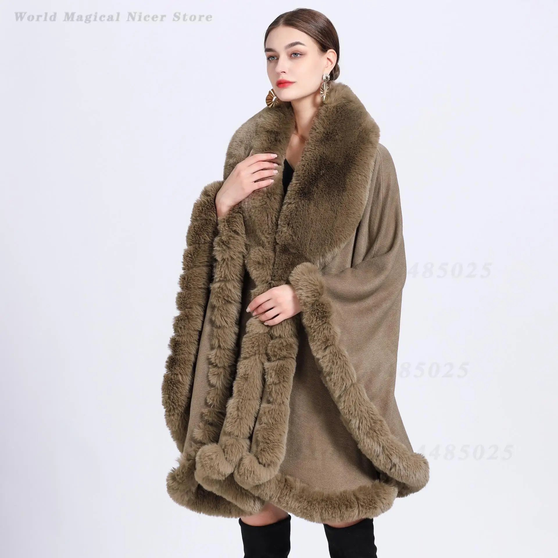 European American Fall Winter New Women Plus Size Loose Knit Cape Poncho Coat with Faux Rabbit Fur Collar One Size