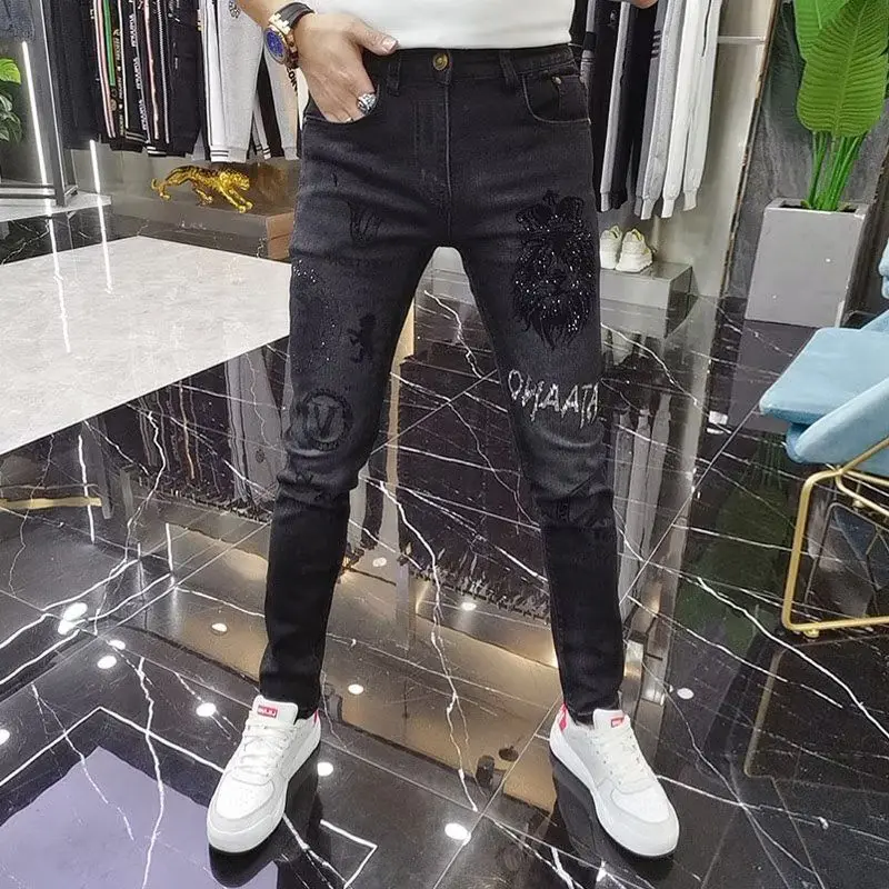 Korean Brand Embroidered Jeans Men's Embroidery Slim-fitting Small Feet Brand Pattern Korean Luxury Hole Printing Trousers