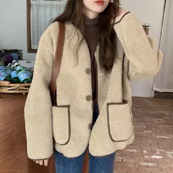 Autumn Winter Fashion Lambswool Jackets Vintage Korean Thicken Warm Long Sleeve V Neck Loose Coat High Street Clothes for Women