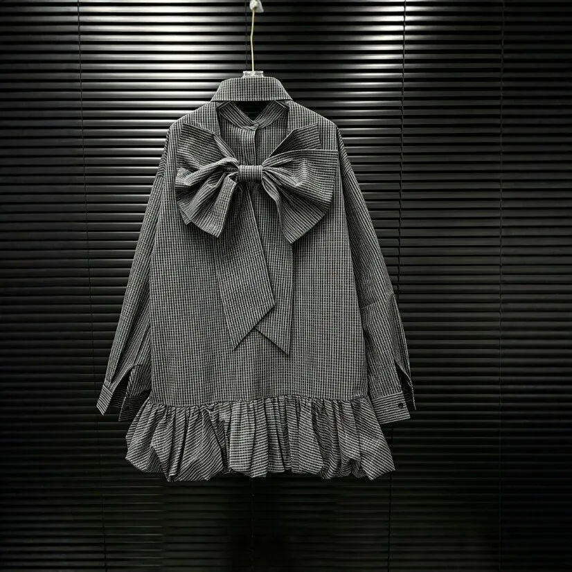 Ruffle Plaid Shirt Regular Length Elegant Commuter with Long Sleeve Checkered Pattern Shirt Collar Yarn Dyed Women Blouse