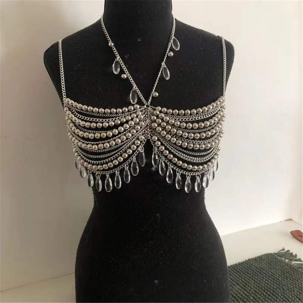 Fashion personality multi-layer wavy fringe pearl chain halter top vest body chain