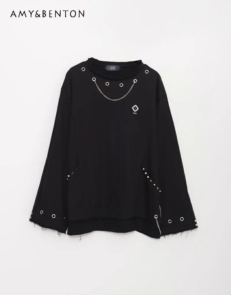 

Japanese Subculture Dark Punk Distressed Chain Sweatshirt Y2K Hot Girl Goth Round Neck Oversized Long Sleeve Mid-Length T-Shirt