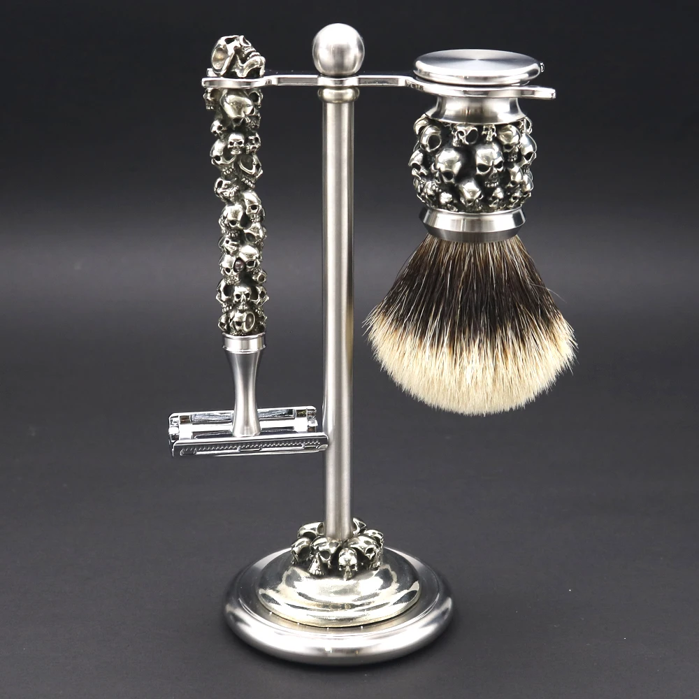 Premium Quality Stainless Steel Skull Badger Hair Shaving Brush Safety Razor Sets