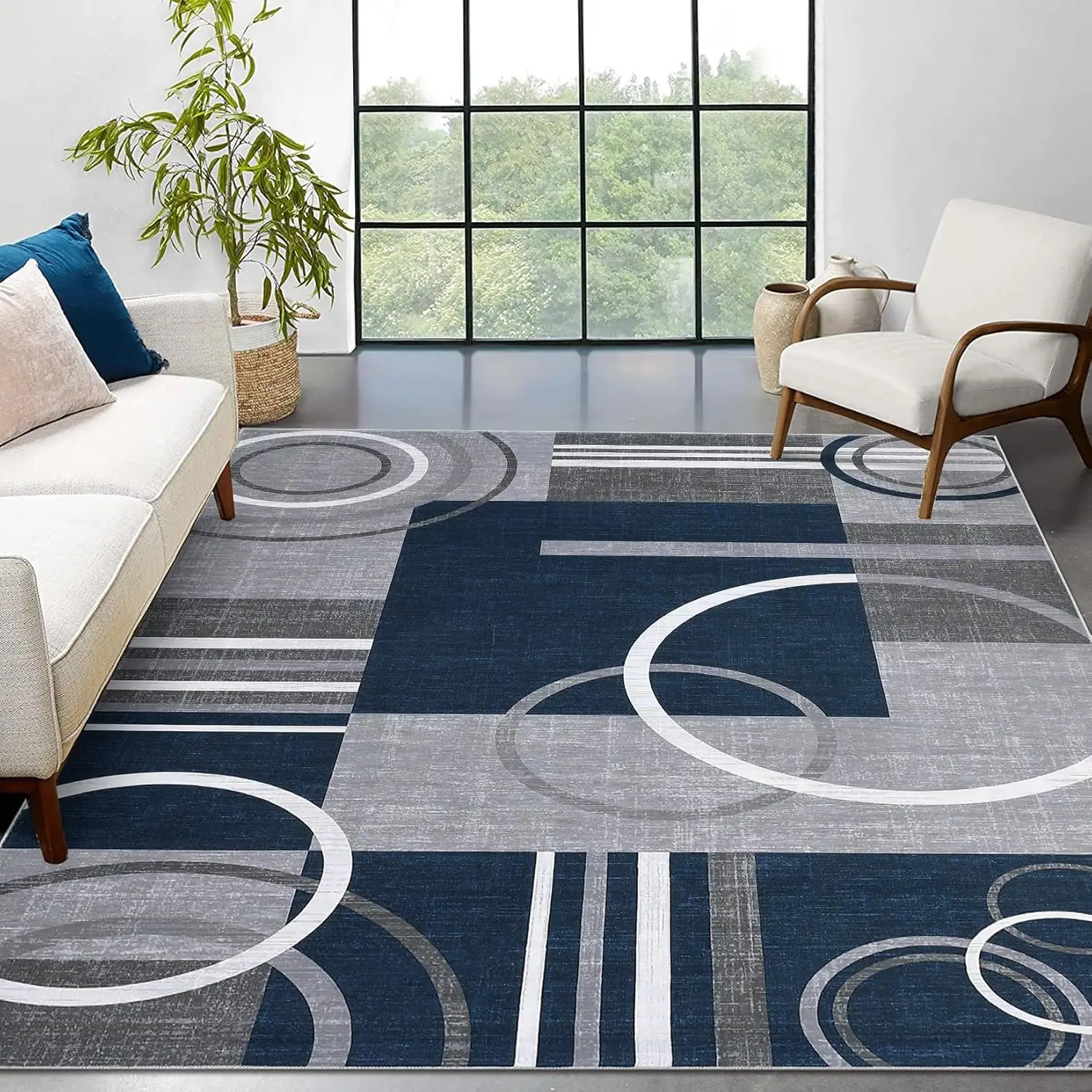 Area Rug Washable Rugs for Living Room Abstract Circle Rugs Non Slip Low Pile Rug Stain Resistant Carpet for Bedroom Home Decor,