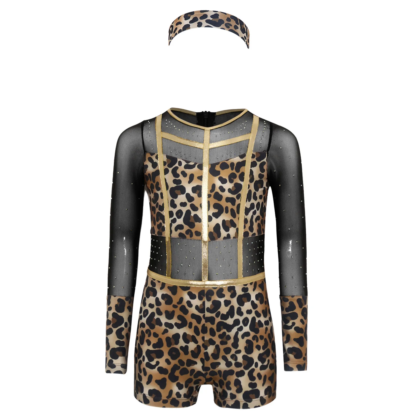Disfraz de Cavernícola para Niñas de Halloween, Mono con Estampado de Leopardo y Pedrería, Body con Cremallera Invisible de Malla y Ribete Metálico, con Diadema