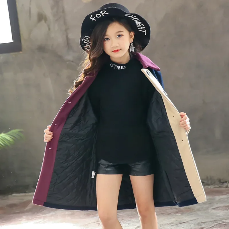 Girls Woolen Coat 2024 New Winter Children Woolen Windbreaker Girls Fashion Outwear Girls Coat Jacket Warm Patchwork Jacket