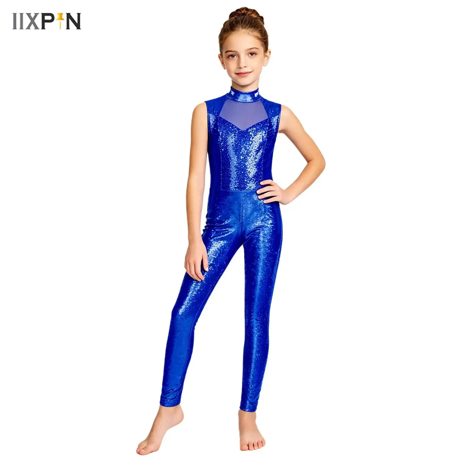 Kids Girls Gymnastics Training Unitard Mock Neck Sleeveless Tank Top Mesh Patchwork Sequin Bodysuit for Ice Skating Competition