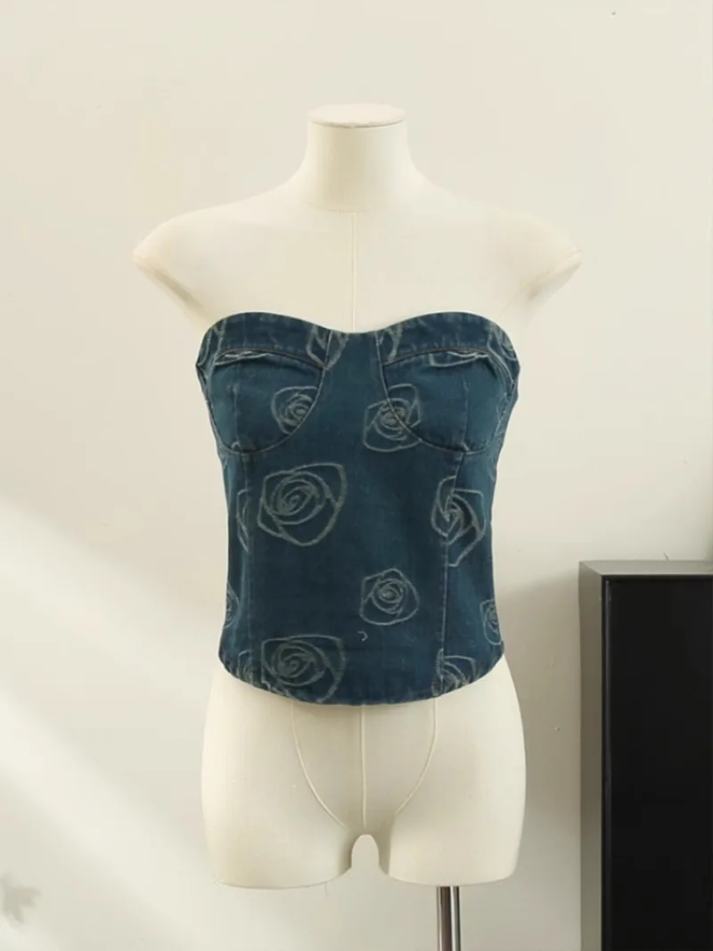 Bustier tubulaire en denim à imprimé rose vintage pour femmes, coupe couvertes, col rond, sexy, E-girl, esthétique, poitrine extérieure, Hotsweet, été, Y-Y2K