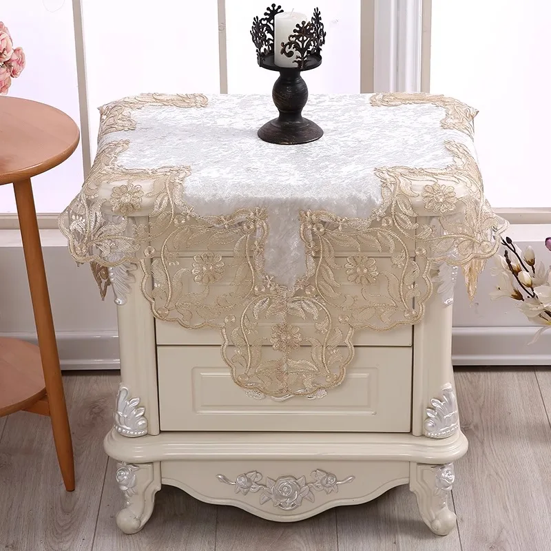 Bedside Table Cloth Square Tablecloth Embroidery Lace Living Room Table Cover Table Juppe Elegant Refrigerator Dust Cover Towel