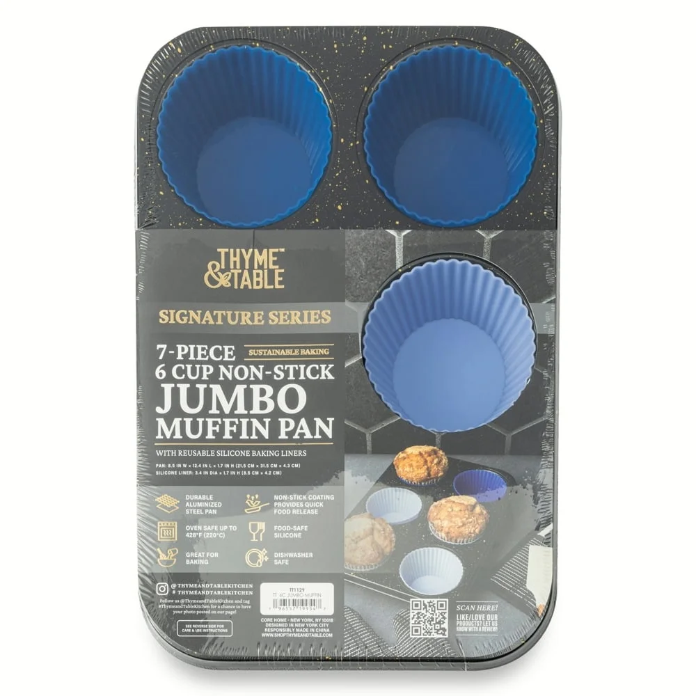 6 Cup Jumbo Muffin Pan Non Stick with 6 Silicone Liners Durable Aluminized Steel Baking Tray Easy Clean Dishwasher Safe