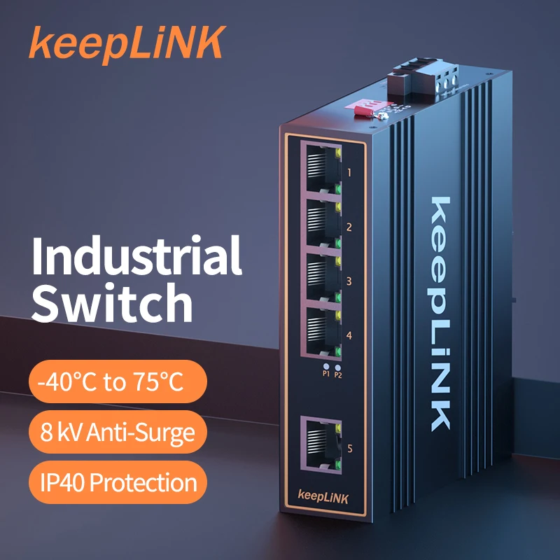 

KeepLink Industrial 5-Port Switch 10/100Mbps Fast Gigabit Din-Rail Metal IP40 Unmanaged Ethernet Network Switch