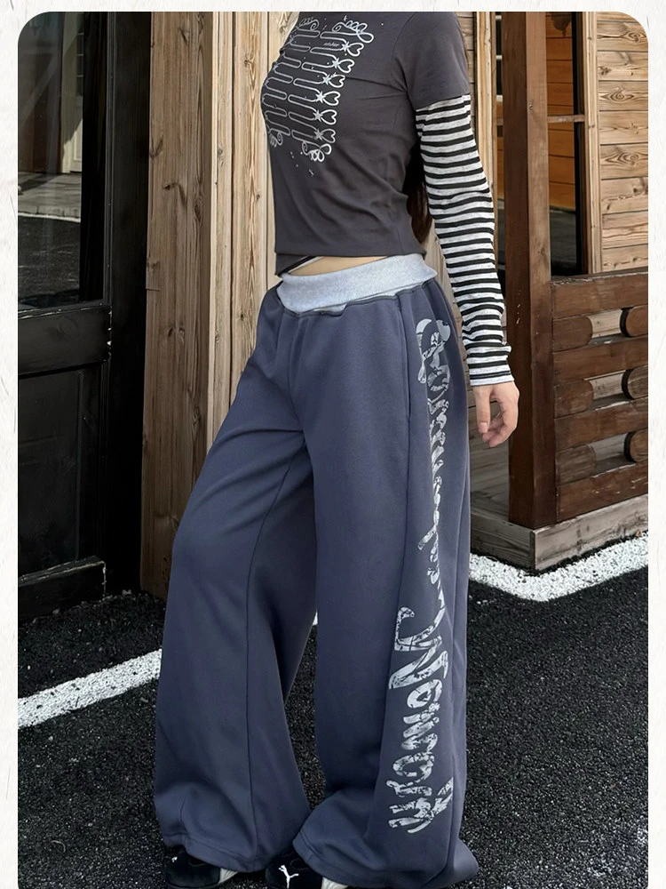 Women's Waist Splicing Letter Print Retro Casual Pants Unisex Wide Leg Sweatpants Y2k 90s Bottoms Female High Waisted Trousers
