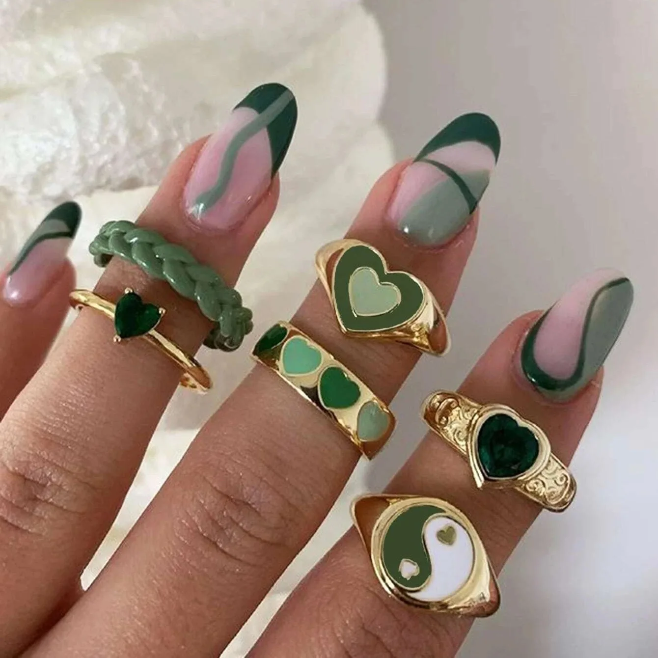 New Green Crystal Heart Kunckle Rings Set For Women Enamel Yin Yang Geometric Finger Ring Girls Fashion Jewelry