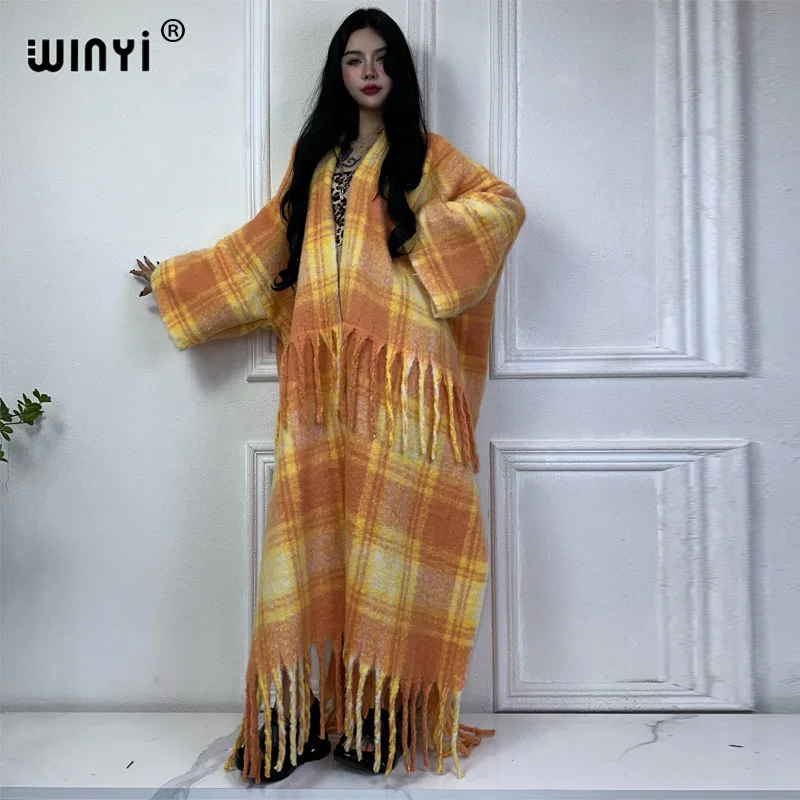 2024 WINYI Africa Plaid print Winter cardigan fashion kimono holiday dress Thick Warm Female abaya winter outfits for women coat