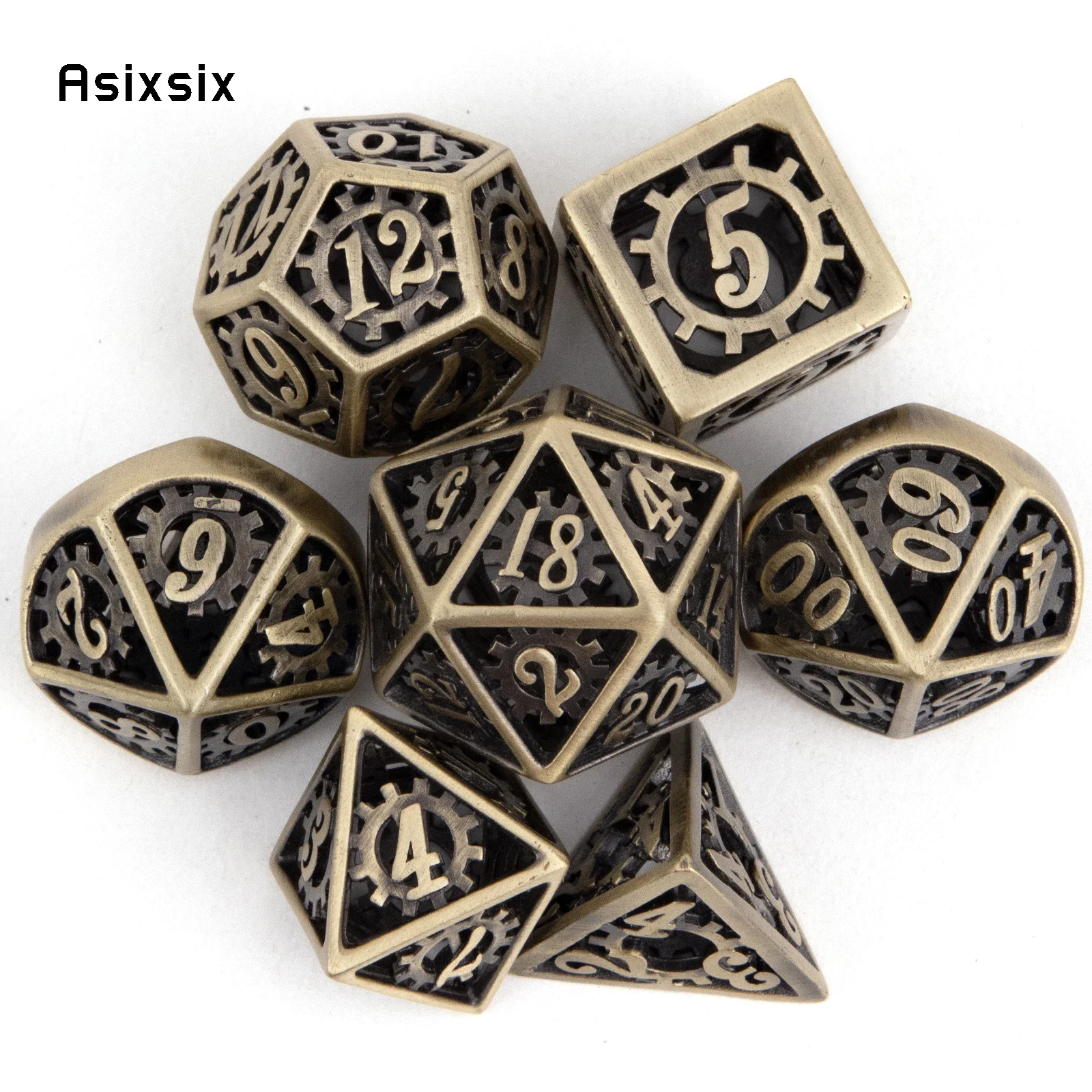 

7 Pcs Yellow Wheel Gear Metal Dice Hollow Metal Polyhedral Dice Set Suitable for Role-Playing RPG Board Game Card Game