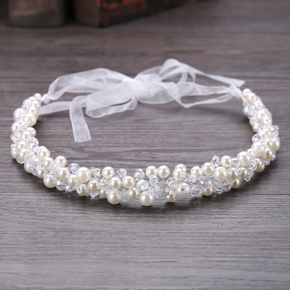 

Pearl Headband Accessories Crystal Bridal Hair Dress Headpiece Pearl Headwear Women Bridesmaid Adjustable Ribbon