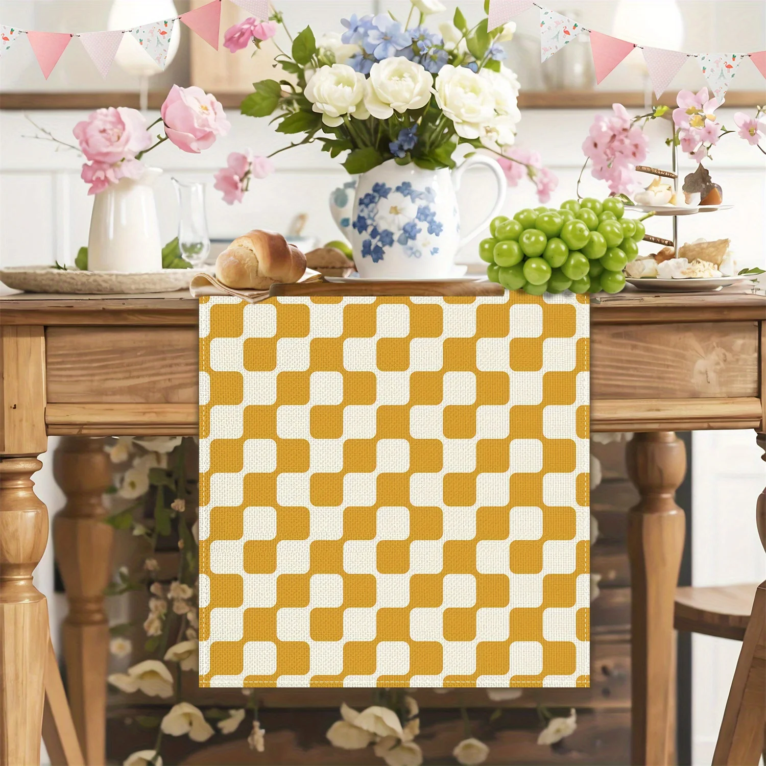 1-Pack Yellow and White Checkered Table Runner with Rounded Corners, Suitable for Dinner Dates and Home Decor