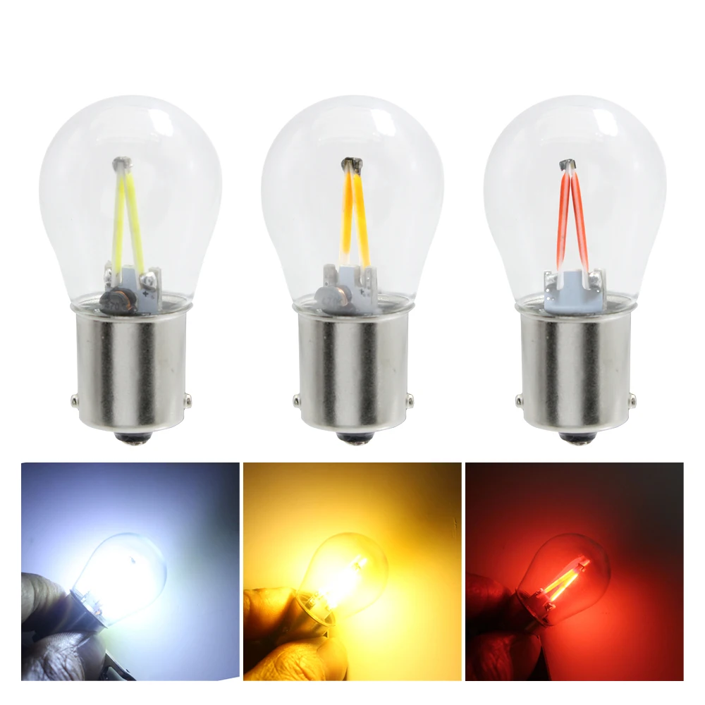 1Pcs 12V Glass LED Bulb 1156 BA15S 1157 BAY15D COB Filament Car Turn Signal Lamp Tail Brake Light Reverse Lighting