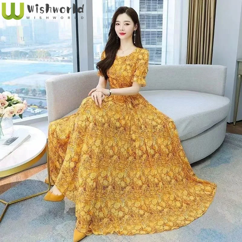 

Summer Dress Long Skirt 2022 New Round Neck Big Swing Shows Thin and Long Broken Flower Dress Fairy Temperament Skirt Large Size