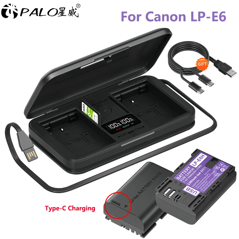 

2850 мАч LP-E6 USB-C LPE6 LP-E6N Аккумулятор + многофункциональное зарядное устройство 3 в 1 для Canon EOS R5 R6 5D Mark IV III 5DS R 6D Mark 70D 7D