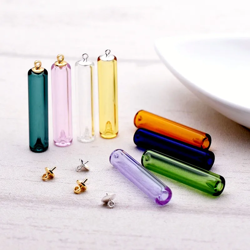 SNASAN 2pcs Coloured Diffuser Perfume Glass Bottle Necklace Pendant Refillable Glass Vial Charms With Beads Cap Jewelry Making