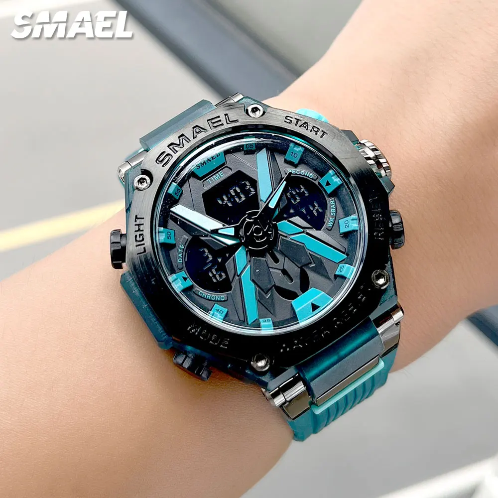 SMAEL Blue Sport Electronic Watch for Men Digital Quartz Dual Time Wristwatch with Auto Date Week Alarm Chronograph Waterproof