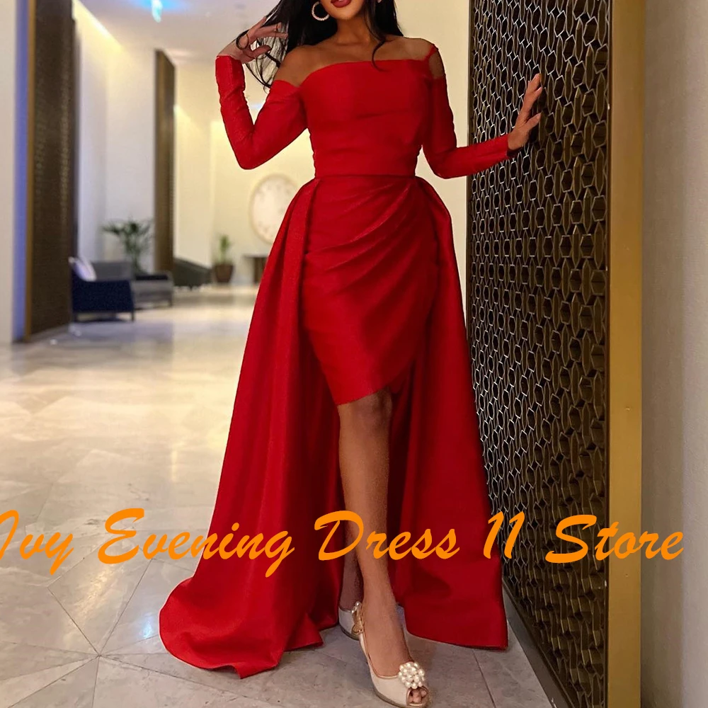 Customized Graceful Strapless Off the Shoulder Panel Train Evening Dress Classic Straight Long Sleeves Satin Pleats Party Gown