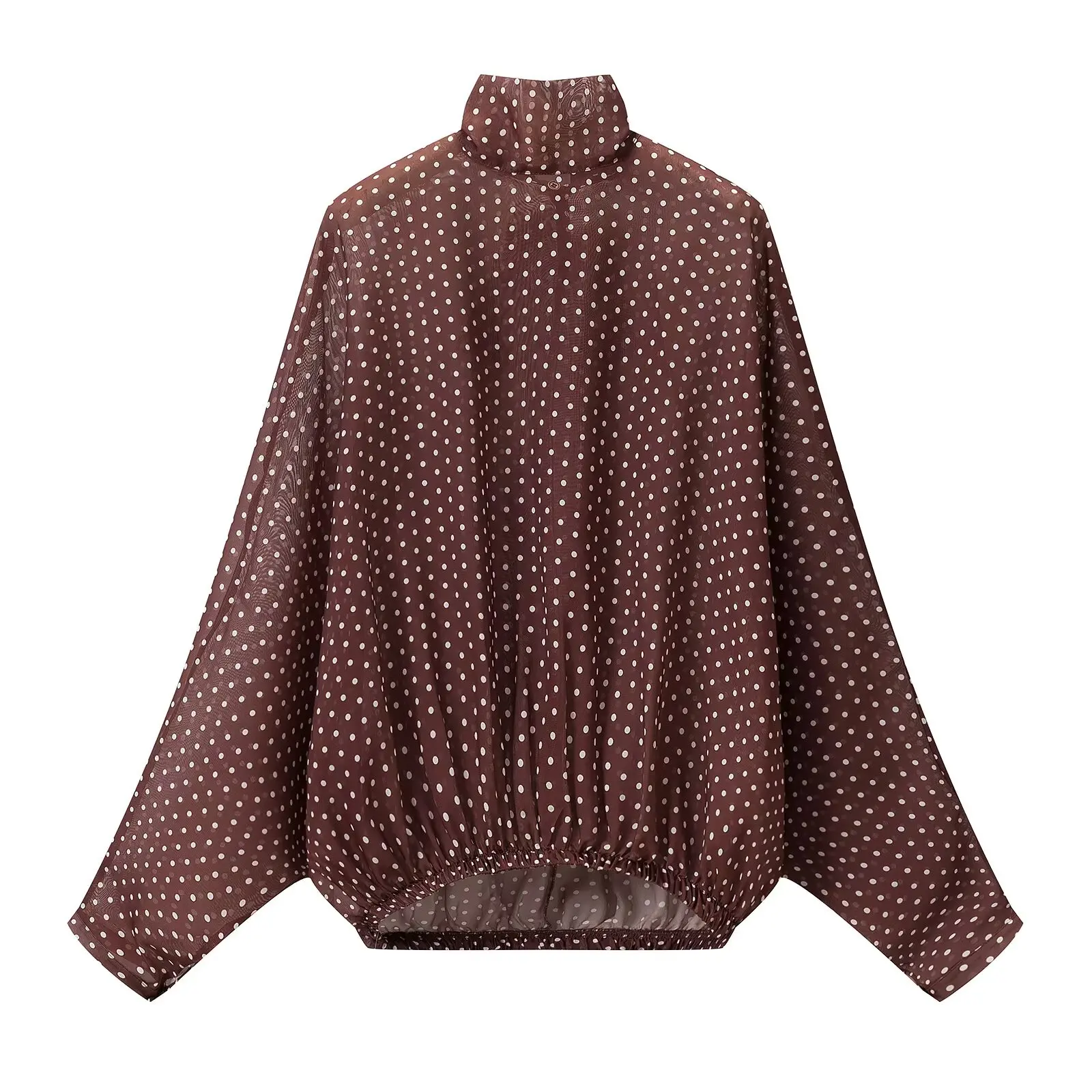 Two Piece Skirt Set Polka Dot Chiffon Bow Tie Matching Outfit for Women - Brown Top