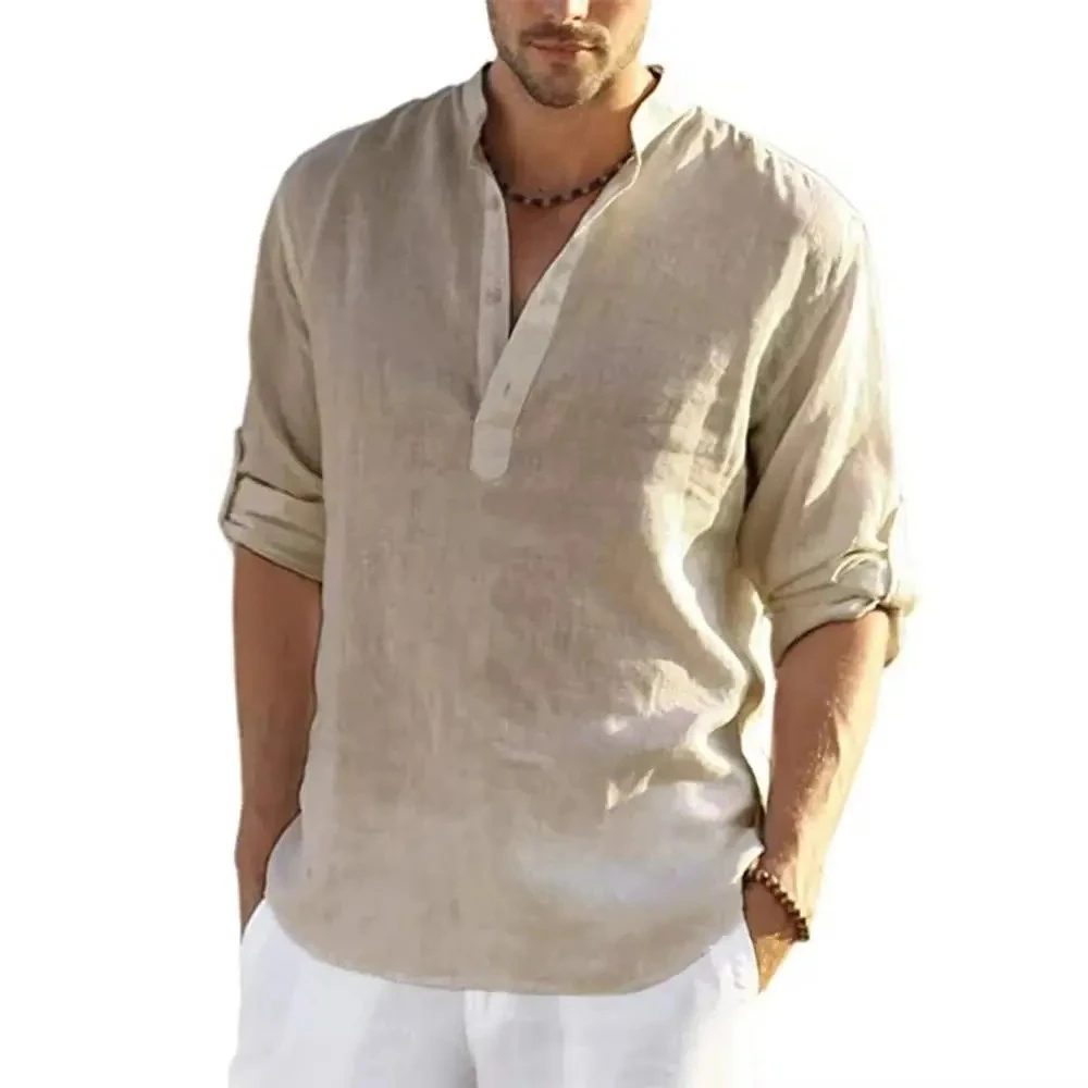 Men's Oversized Long Sleeve Shirt V-Neck Linen Blouse Casual Summer Spring Top 10 Color Options S-5XL