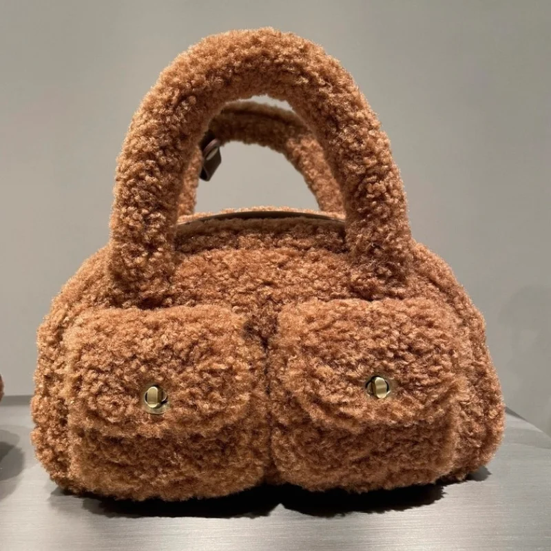 

Brand Plush Handbag For Women Vintage Brown Boston Bag High-end Hardware Lock Design Fashion Multi Pocket Shoulder Crossbody Bag