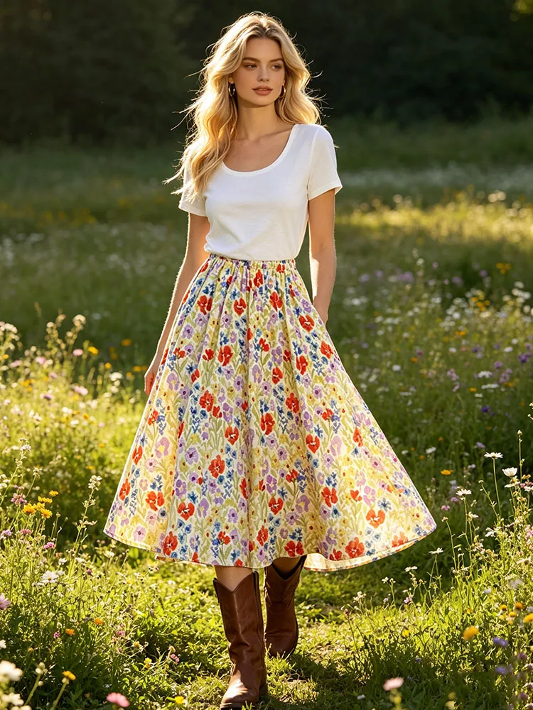 Women's Floral Print Midi Skirt High Waist A-Line Long Skirt for Spring Summer Beach Vacation & Daily