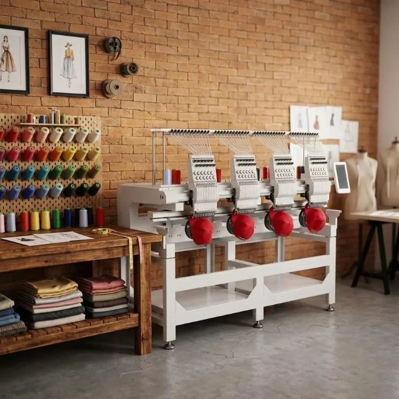 Industrial Use Computerized Automatic Four Head Multifunctional Cap T-shirt Flat Embroidery Machine