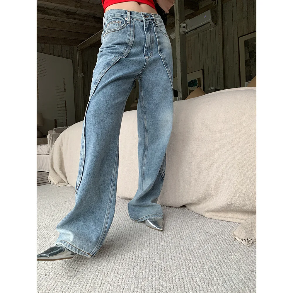 

Women's Jeanspanel Design Sense American Street Light Blue Jeans Women's 2023 Spring New Side Personalized Straight Pants