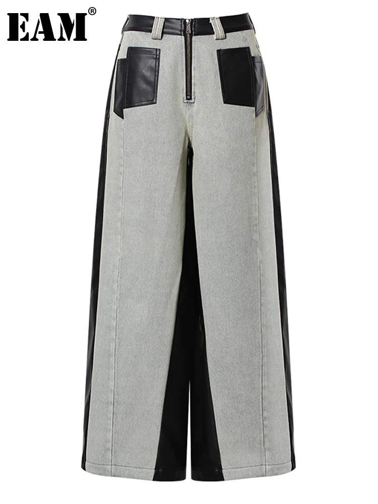 [EAM] High Waist Black Color-block Leather Denim Long Wide Leg Jeans New Loose Women Trousers Fashion Spring Autumn 2024 1DH3903