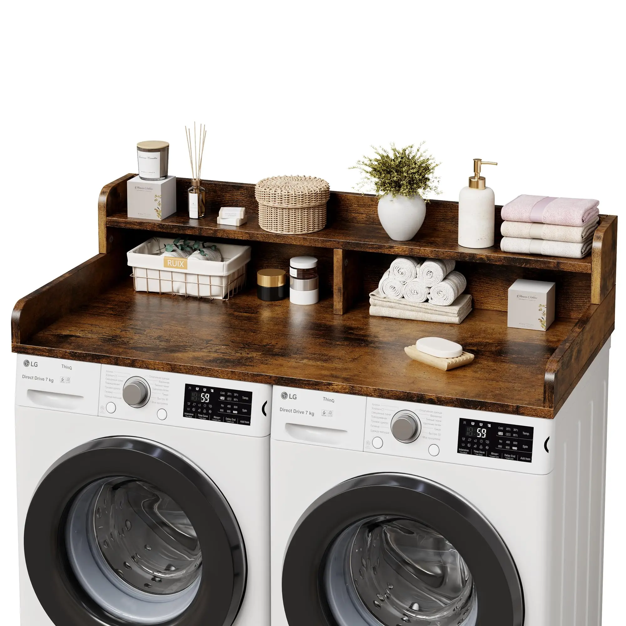 

54" Washer Dryer Countertop with 2-Tier Shelf, Wooden Laundry Countertop with Non-Slip Pad and Guard Rails, Washer and Dryer Topper for Laundry Room Organization