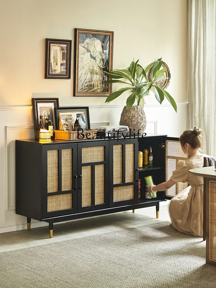 

S French Solid Wood Storage Cabinet Small Apartment Household Rattan Storage Kitchen Storage Cabinet Vintage Sideboard Cabinet
