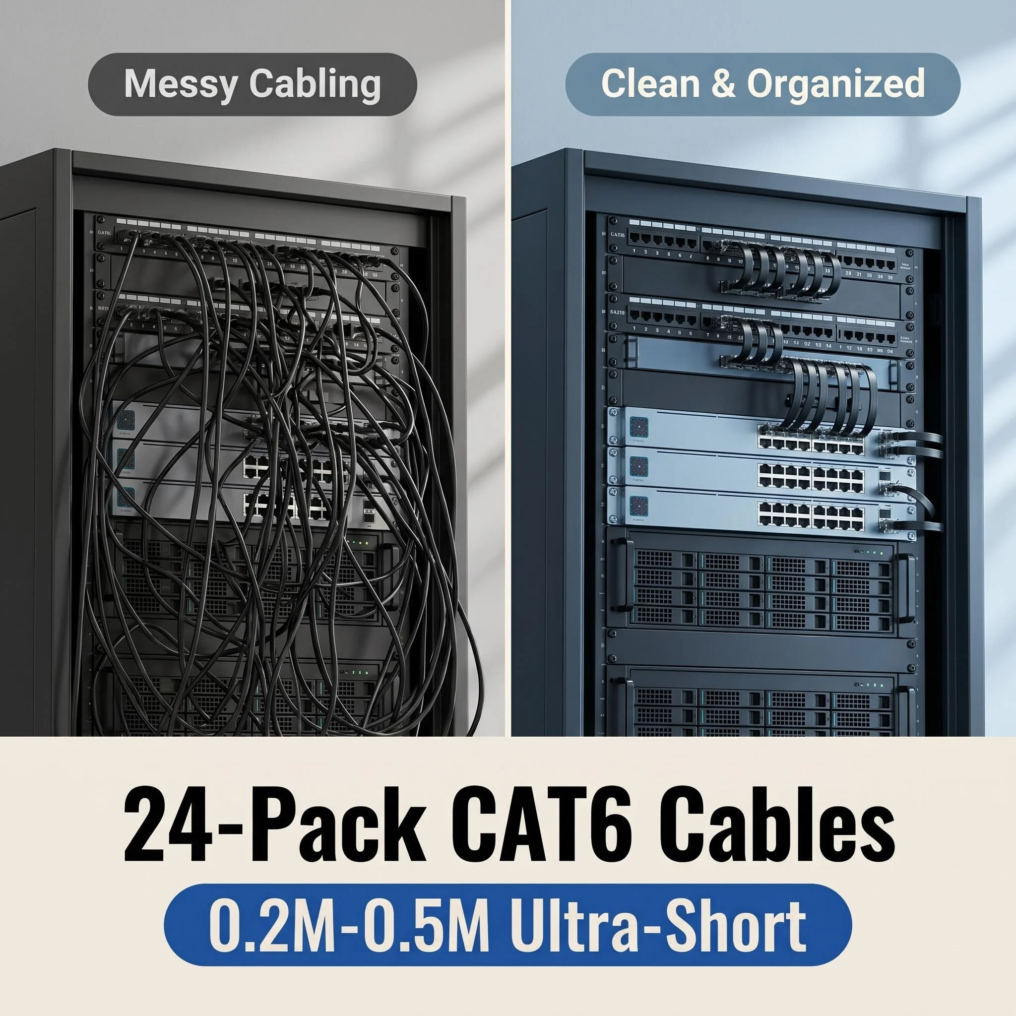 24-Pack Ultra Short Flat CAT6 Ethernet Cable 0.2-0.5m Mini RJ45 Stable LAN Patch Cord for Server Cabinet Home Network Wiring, Bl