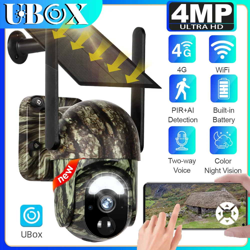 

Ubox 4G Solar Trail Camera 2K Outdoor Cellular Wildlife Camera Wireless Security Camera Night Vision PIR Human/Animal Detection