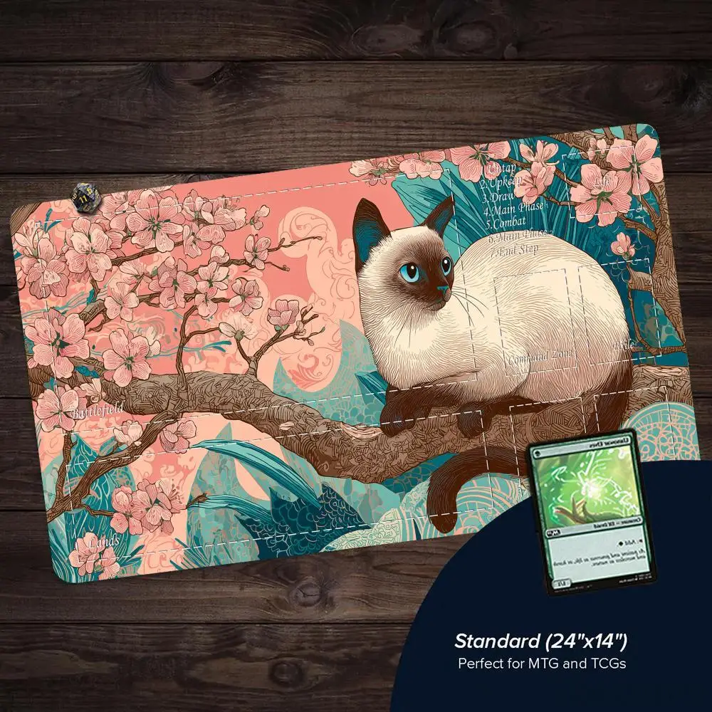 Cute Cat and Cherry Blossoms MTG Playmat Magic Card Mat Stitched Edge Non-Slip Durable Tabletop Playmat Board Game Mat for TCG