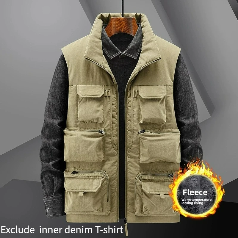 

6XL Мужская теплая флисовая рабочая куртка без рукавов, приталенная ветровка, 2025 г., куртка с множеством карманов, мужские зимние куртки без рукавов